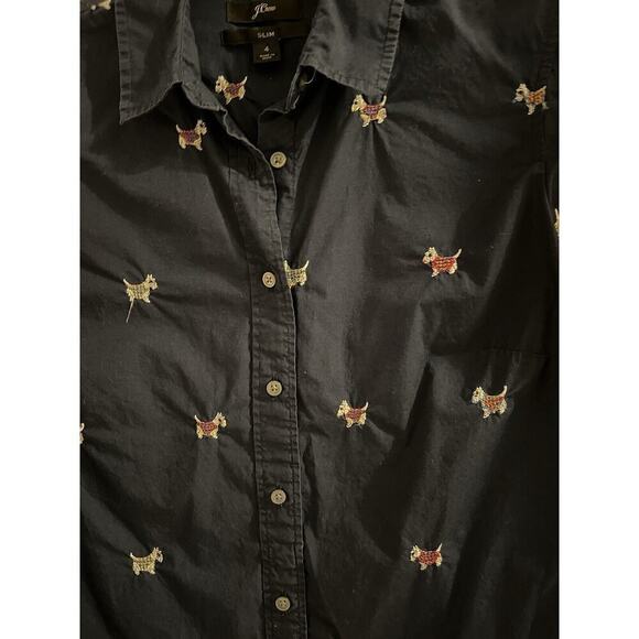 J Crew Dog Days Scottie Dog Navy Button Up Top Sz 4 Preppy Novelty Print Slim - Picture 3 of 8